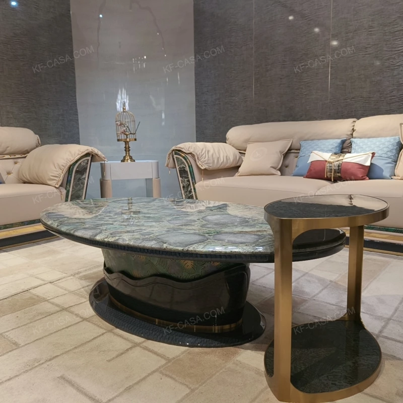 Oval Marble-Top Coffee Table with Sculpted Base and Natural Wood Veneer Detailing